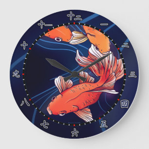 Grande Horloge Ronde koi, poisson, kitsch, Japon, dessin animé, bleu, 