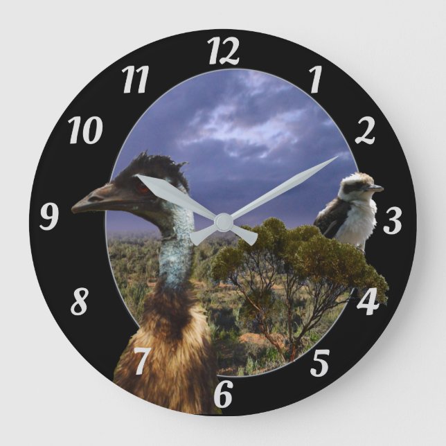 Grande Horloge Ronde Kookaburra, Émeu, Paysage australien,   (Recto)