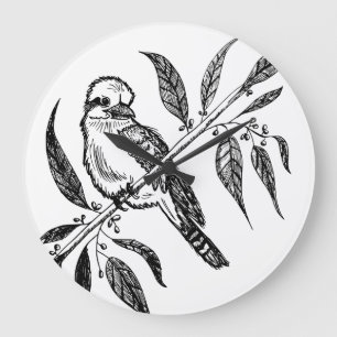 Grande Horloge Ronde Kookaburra noir et blanc sur dessin de branche