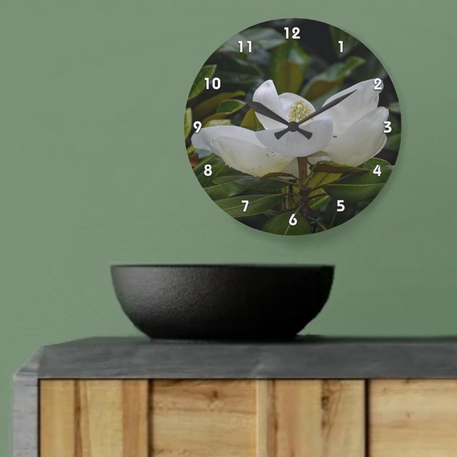 Grande Horloge Ronde La floraison blanche de Magnolia sur la photo vert (Créateur téléchargé)