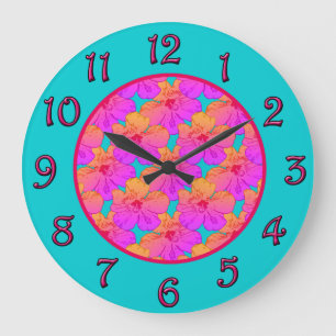 Grande Horloge Ronde La ketmie fleurit le rose sur la turquoise