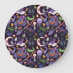 Grande Horloge Ronde La magie d'Halloween : motif à main foncé.