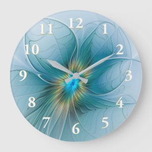 Grande Horloge Ronde La petite fleur fractale moderne bleu or Beauty