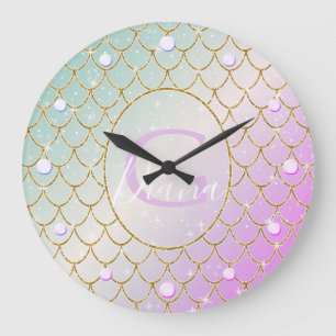 Grande Horloge Ronde La Petite Sirène. balance d'or sur rose, turqu