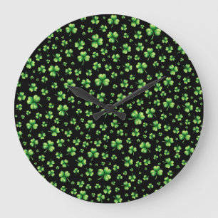 Grande Horloge Ronde La Saint-Patrick Shamrock aquarelle sur fond noir