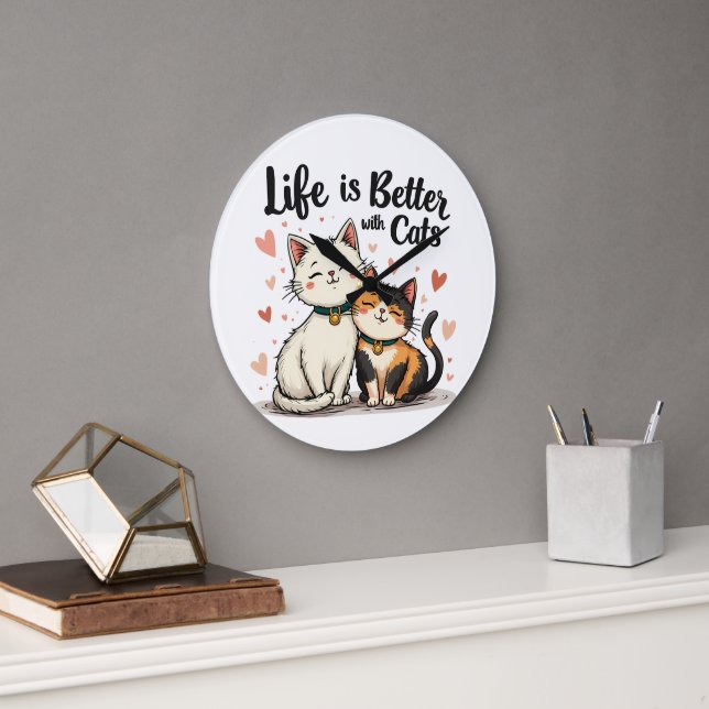 Grande Horloge Ronde La vie est meilleure avec les chats mignonne Chat  (Bureau)