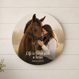 Grande Horloge Ronde La vie est meilleure avec une photo de monogramme
