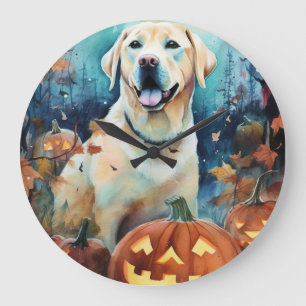 Grande Horloge Ronde Labrador Halloween avec la peur Citrouille