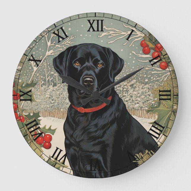 Grande Horloge Ronde Labrador noir en hiver (Recto)