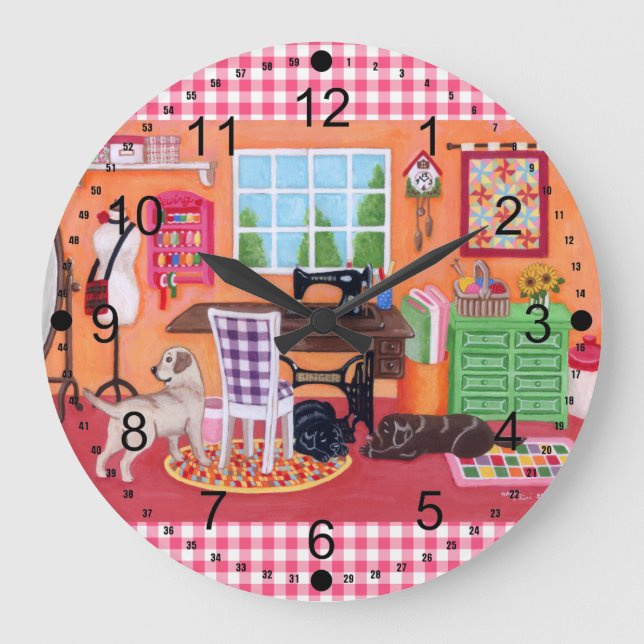 Grande Horloge Ronde Labradors dans la peinture de pièce de couture de (Recto)