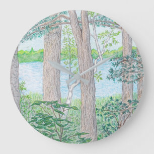 Grande Horloge Ronde Lac d'été avec dessin au crayon de couleur bois