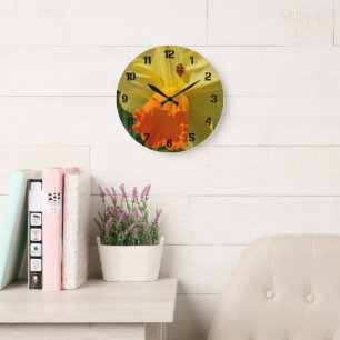 Grande Horloge Ronde Ladybug sur la jonquille jaune Floral