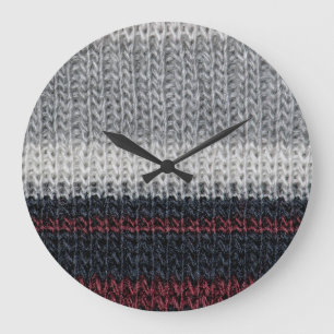 Grande Horloge Ronde Laine de tricot : rouge, rayures blanches.