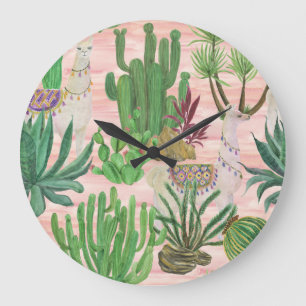 Grande Horloge Ronde Lamas aquarelle et motif cactus.