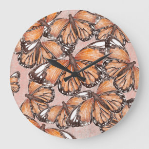 Grande Horloge Ronde L'amiral rouge papillons Arrière - plan rose