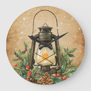 Grande Horloge Ronde Lanterne vintage houx pin rustique hivernal festif