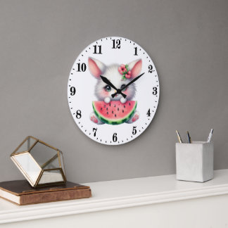 Grande Horloge Ronde Lapin amateur de pastèque mignon