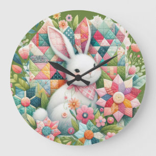 Grande Horloge Ronde Lapin avec courtepointe et fleurs