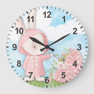 Grande Horloge Ronde Lapin Bunny Parapluie & Fleurs