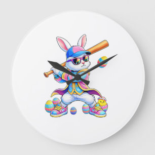 Grande Horloge Ronde Lapin de baseball tie dye drôle Pâques lapin homme