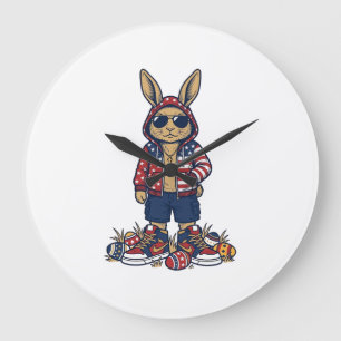 Grande Horloge Ronde Lapin de Pâques Patriotique Chemise Vintage Vector