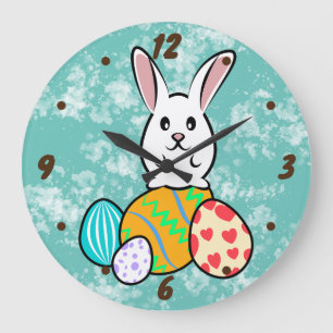 Grande Horloge Ronde Lapin de Pâques sur les oeufs de Pâques