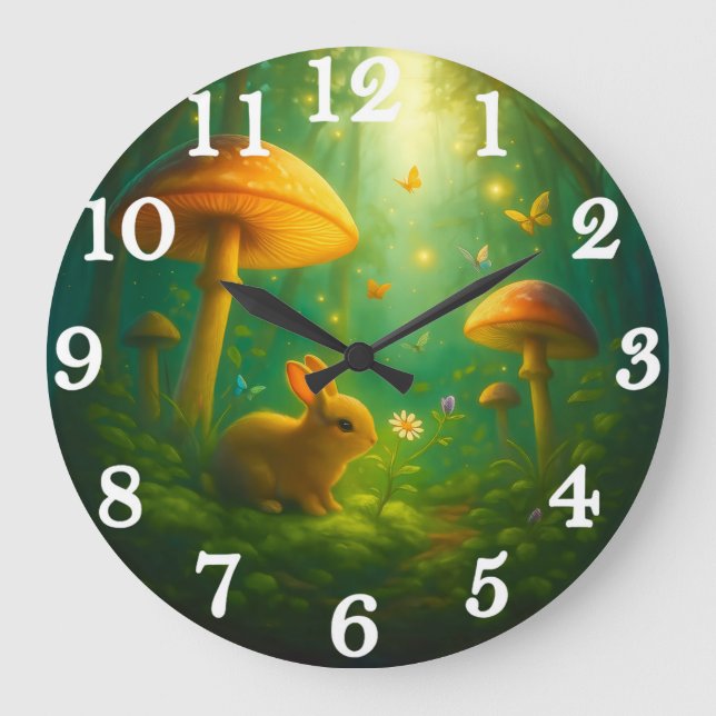 Grande Horloge Ronde Lapin enchanté de la forêt & champignons (Recto)