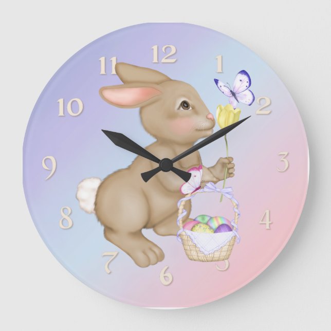 Grande Horloge Ronde Lapin et panier de Pâques (Recto)