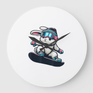 Grande Horloge Ronde Lapin Mignon Réalisant un Tour de Snowboard Enfant