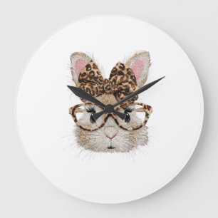 Grande Horloge Ronde Lapin Mignon Visage de Léopard Coquette Lunettes à