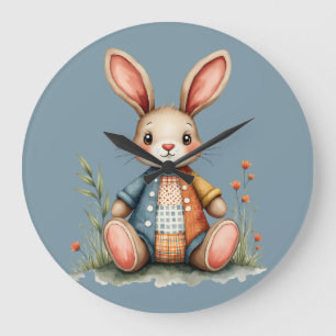 Grande Horloge Ronde Lapin Patchwork Fantaisiste Cottagecore Bois