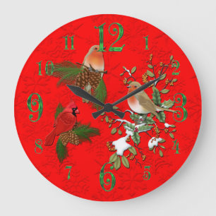 Grande Horloge Ronde Large Red Cardinal and English Robin Wall Clock