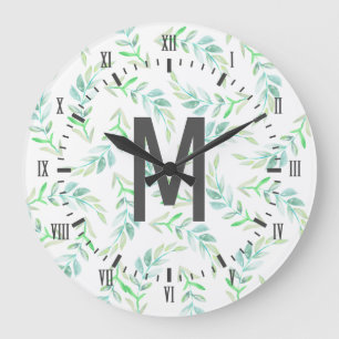 Grande Horloge Ronde Lauriers élégants et gris d'aquarelle de verdure