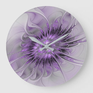 Grande Horloge Ronde Lavande Fleur Dream Moderne Abstrait Fractal Art