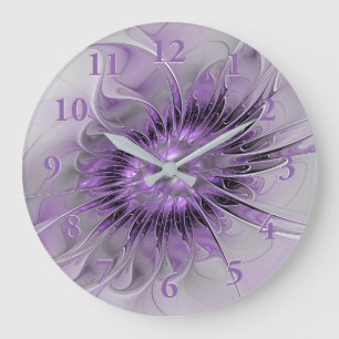 Grande Horloge Ronde Lavande Fleur Dream Moderne Abstrait Fractal Art