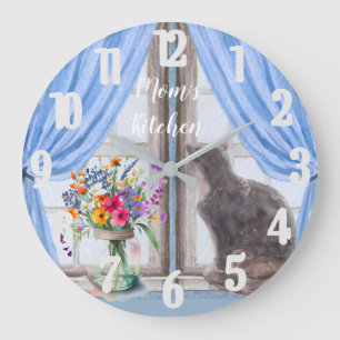 Grande Horloge Ronde Le chat aux fleurs de vase de la fenêtre