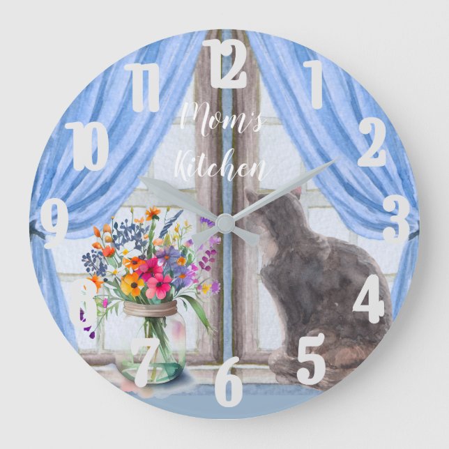 Grande Horloge Ronde Le chat aux fleurs de vase de la fenêtre (Recto)