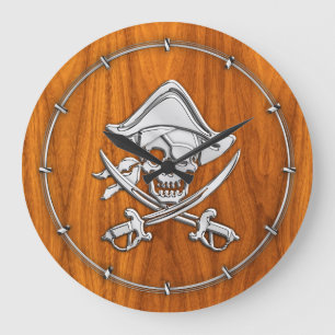 Grande Horloge Ronde Le chrome aiment le pirate sur le placage de teck