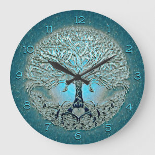 Grande Horloge Ronde Le coeur de l'arbre de vie dans les couleurs bleue
