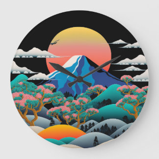 Grande Horloge Ronde Le coucher de soleil du Mont Fuji et les fleurs de