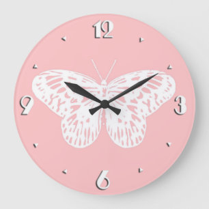 Grande Horloge Ronde Le croquis de papillon, écossent le rose et le