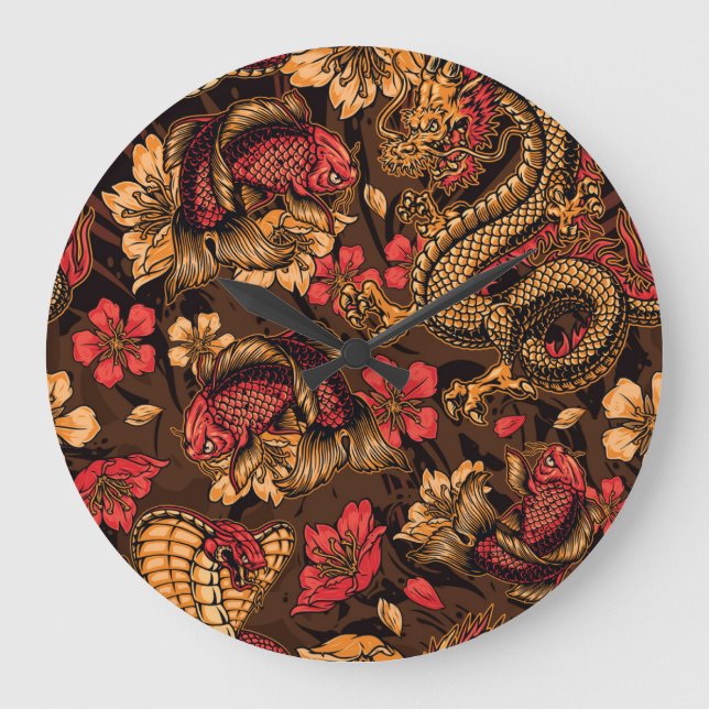 Grande Horloge Ronde Le dragon japonais koi motif. (Recto)