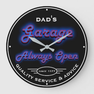 Grande Horloge Ronde Le garage de papa Blue Neon Look pour "Any Date et
