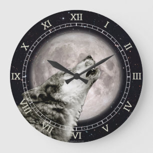 Grande Horloge Ronde Le loup hurlant sur la lune, l'icône, l'art du lo