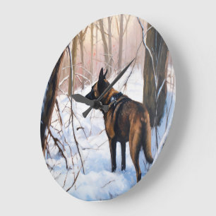 Grande Horloge Ronde Le Malinois Belge Laisser Neige Noël