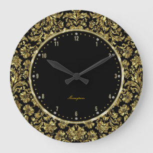 Grande Horloge Ronde Le monogramme de Black & Gold Floral de Damas