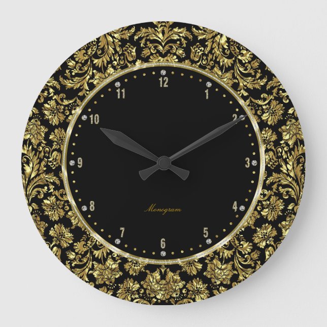 Grande Horloge Ronde Le monogramme de Black & Gold Floral de Damas (Recto)