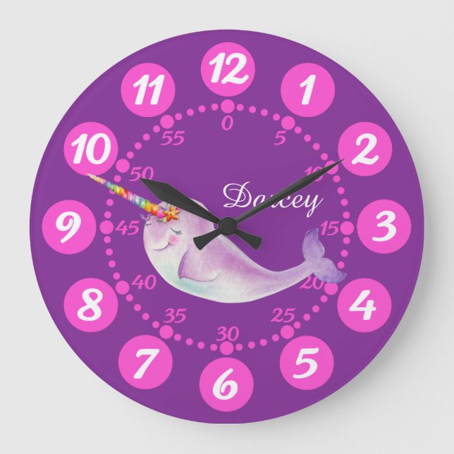 Grande Horloge Ronde Le narval mignon de l'enfant whimsy aquarelle rose (Recto)