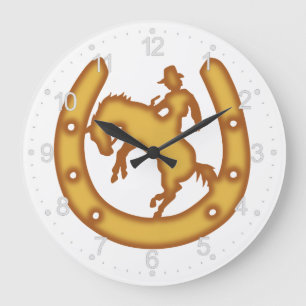 Grande Horloge Ronde Le panneau avec un cowboy et des fer à cheval