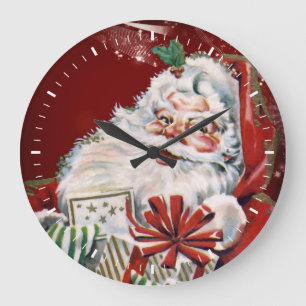 Grande Horloge Ronde Le Père Noël Vintage avec de nombreux cadeaux